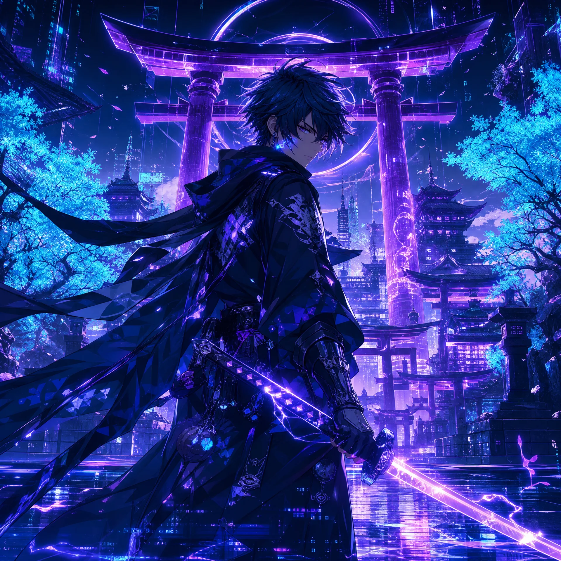 幻想世界中持剑少年站在霓虹鸟居前的AI绘画作品